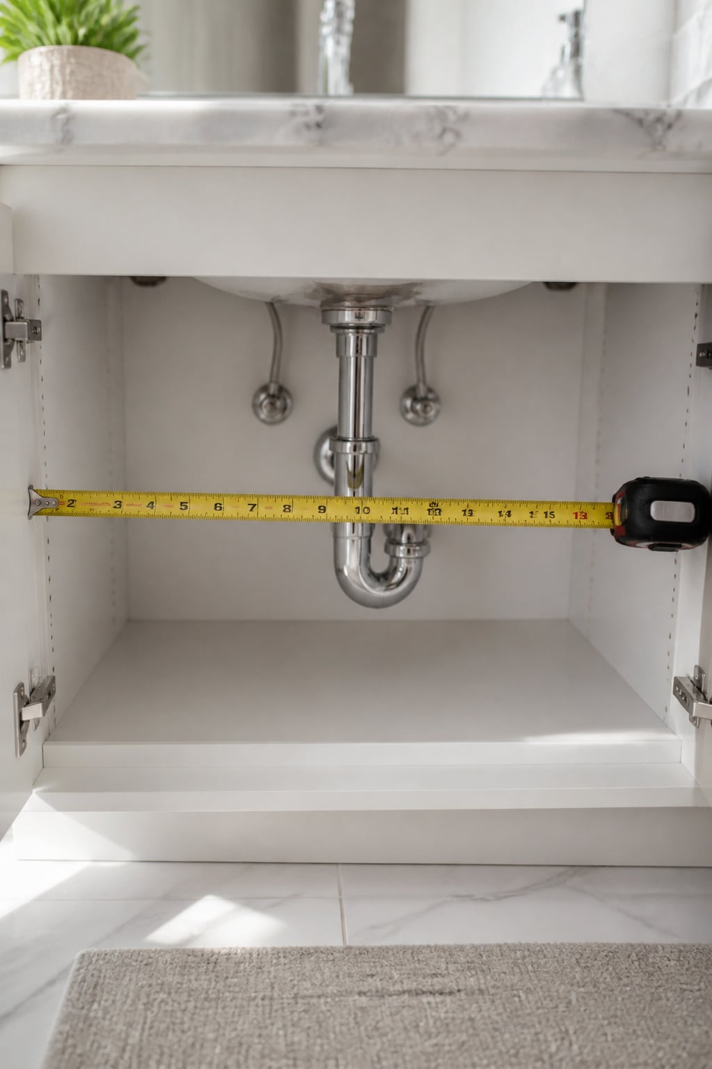Open bathroom vanity cabinet with tape measure showing interior width measurement around central P-trap plumbing