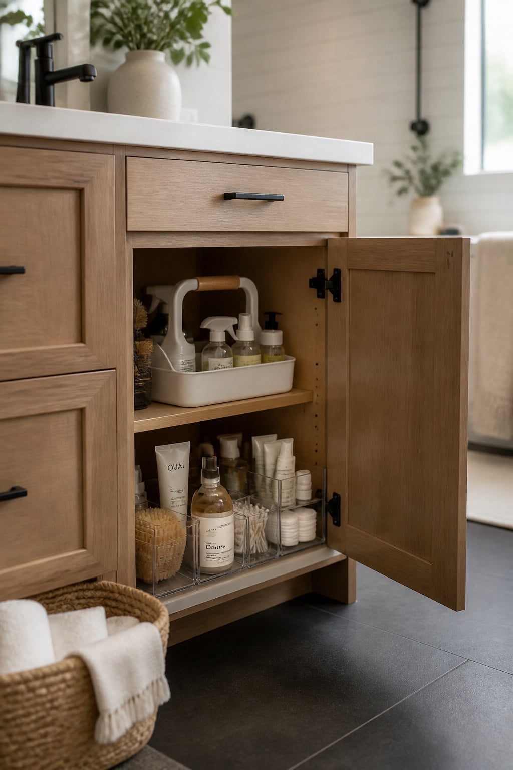 Organised open bathroom vanity cabinet showing clear daily product bins inside, with a small woven overflow basket beside the cabinet on the floor