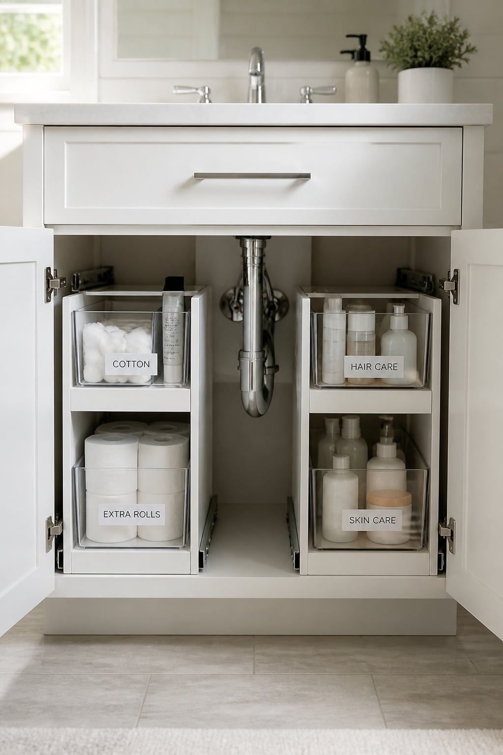 Two white pull-out storage bins extended from under bathroom sink, one on each side of the chrome P-trap, showing organised items inside