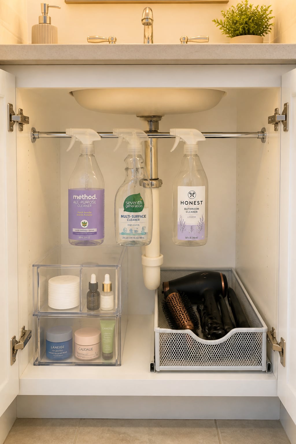Open under-sink vanity cabinet organised with tension rod holding spray bottles and clear stackable bins on either side of the P-trap pipe