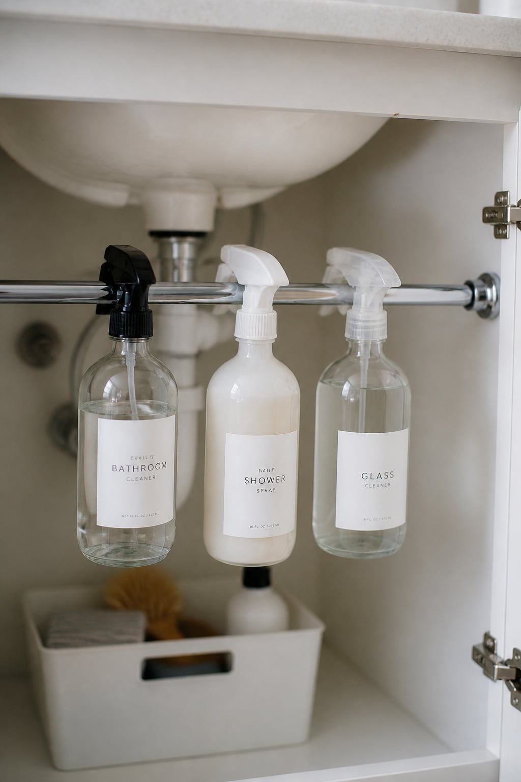 Chrome tension rod across bathroom cabinet interior with three spray bottles hanging from their triggers, white cleaning tote visible on cabinet floor below
