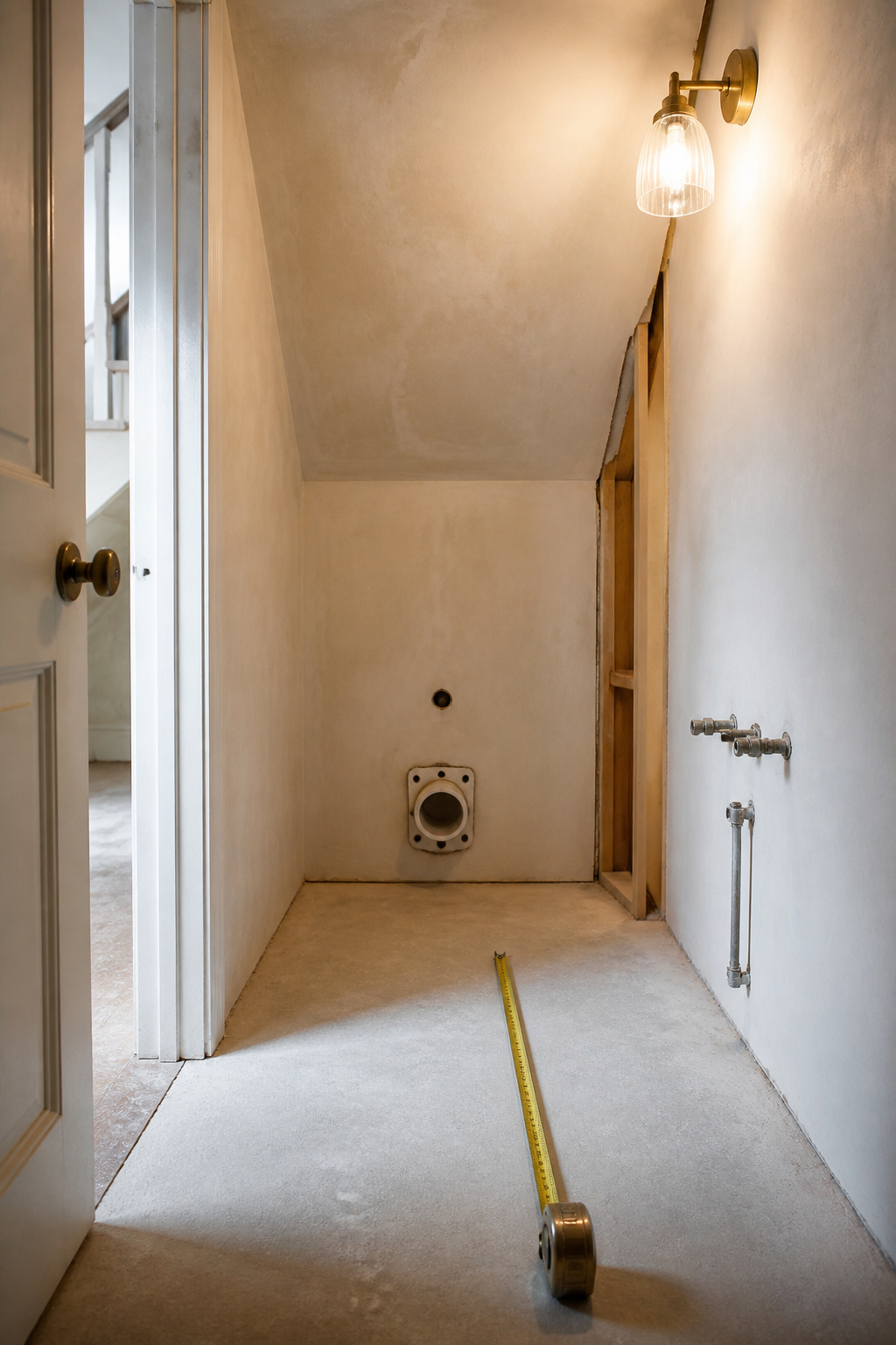 Compact under-stair powder room niche at rough-in stage with bare plaster-white walls and a tape measure across the floor