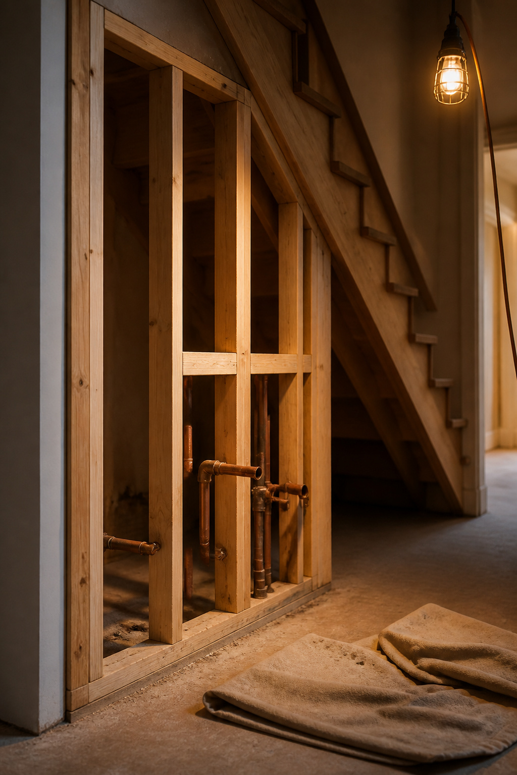 Stud-framed recess under a staircase with rough plumbing, prepared for a half bath conversion