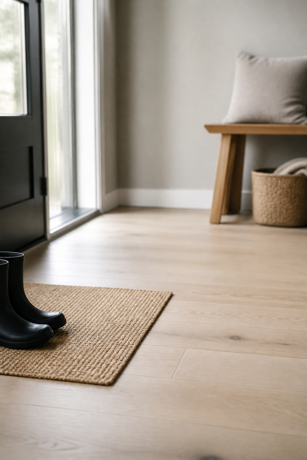A too-small doormat-sized rug swallowed by bare light oak floor in an apartment entryway