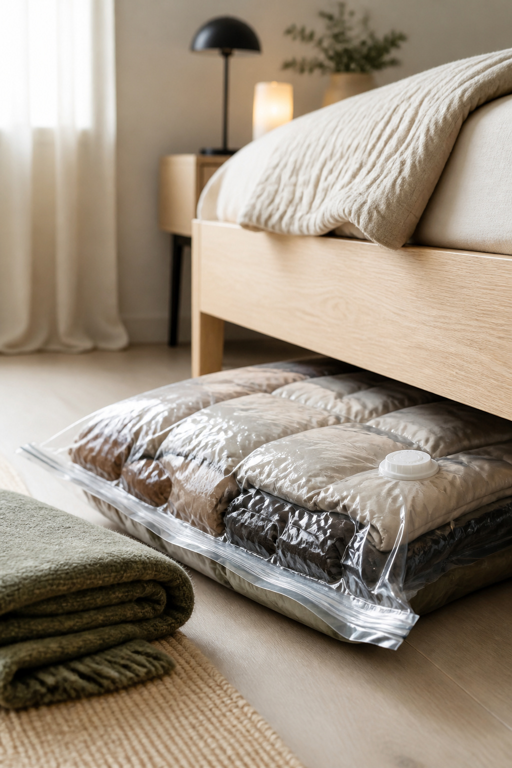 Clear vacuum-compressed storage bag full of folded winter coats stored under a light oak bed frame
