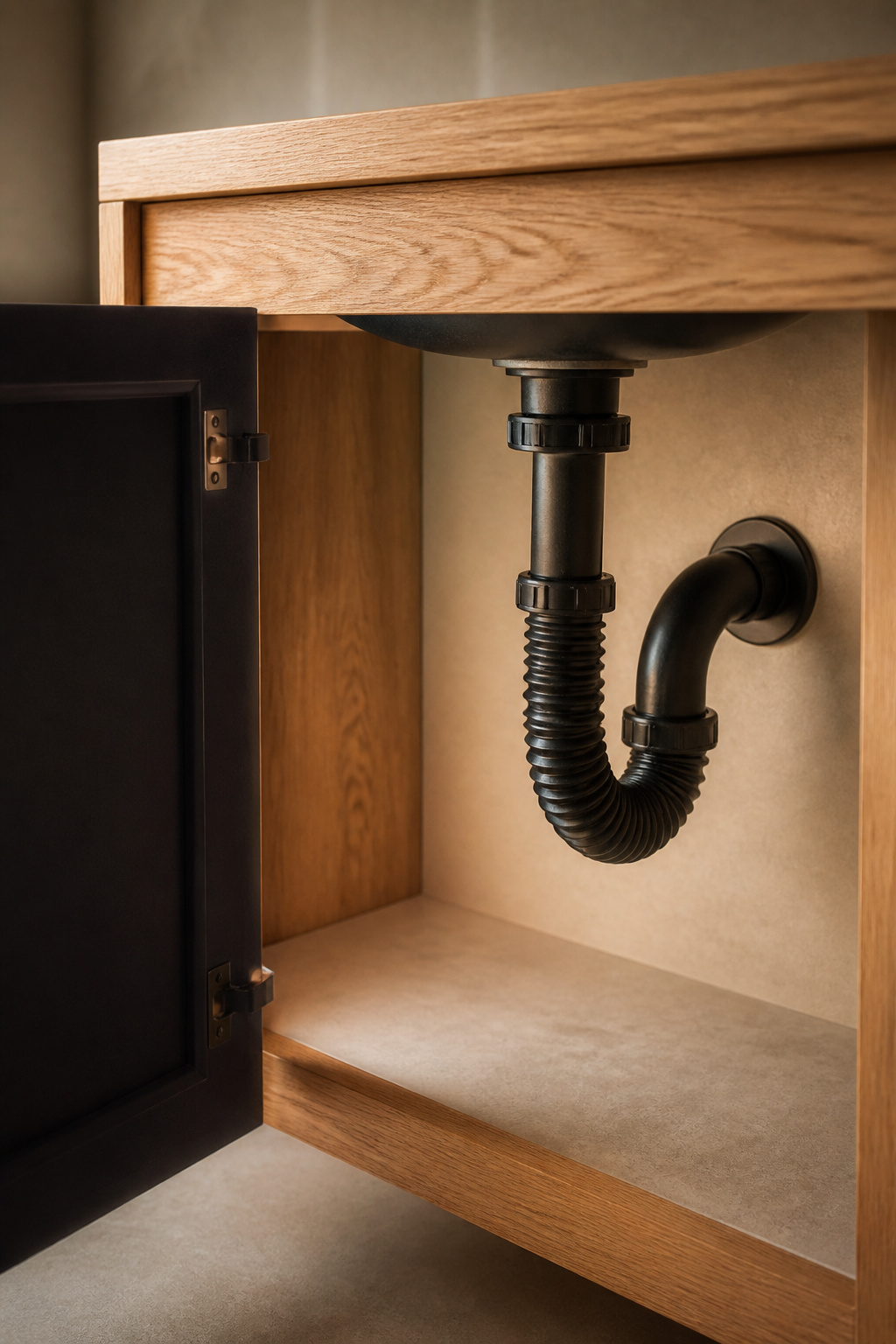 Underside of a warm oak vanity showing a flexible P-trap connector joining the drain to an existing wall pipe