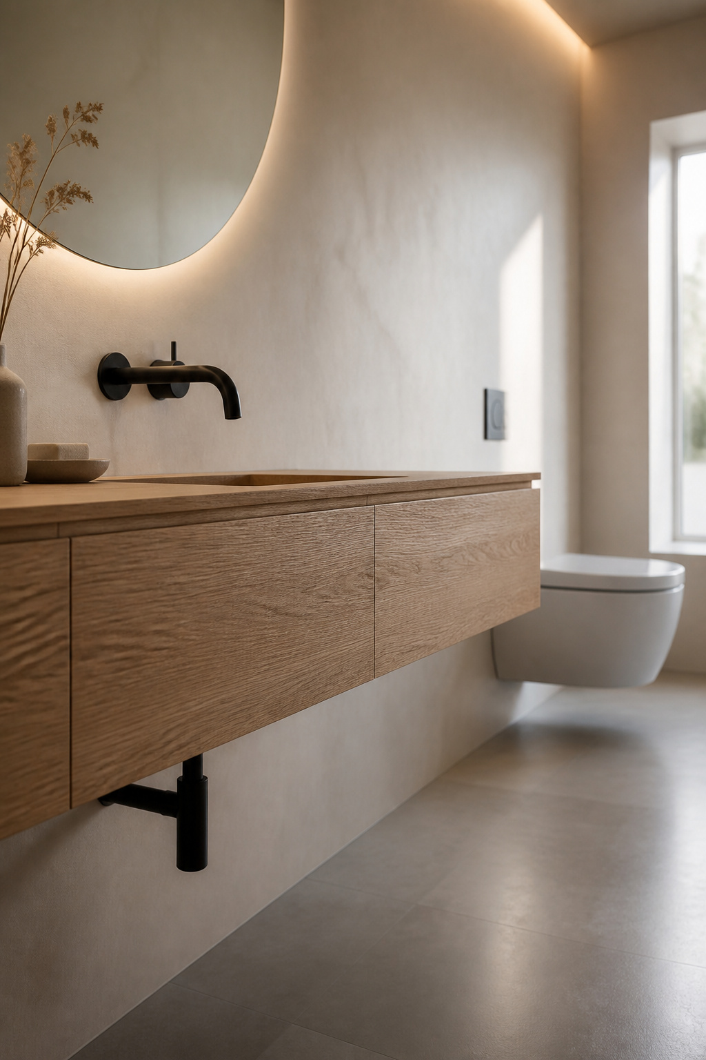 Floating oak vanity with matte black tap and waste mounted on the same wall as a wall-hung toilet