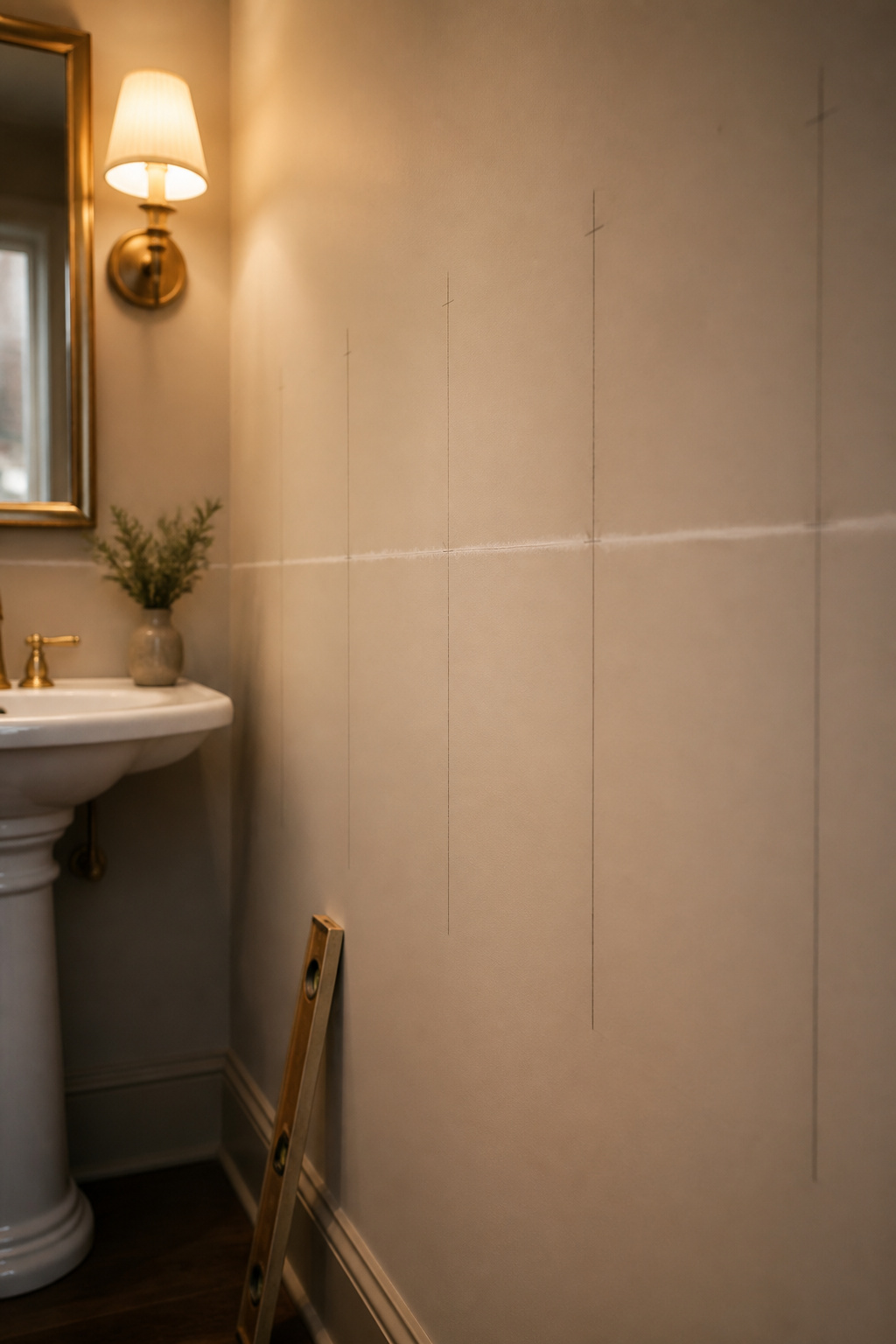 Pencil and chalk-line layout marks for an evenly spaced batten grid on a powder room wall