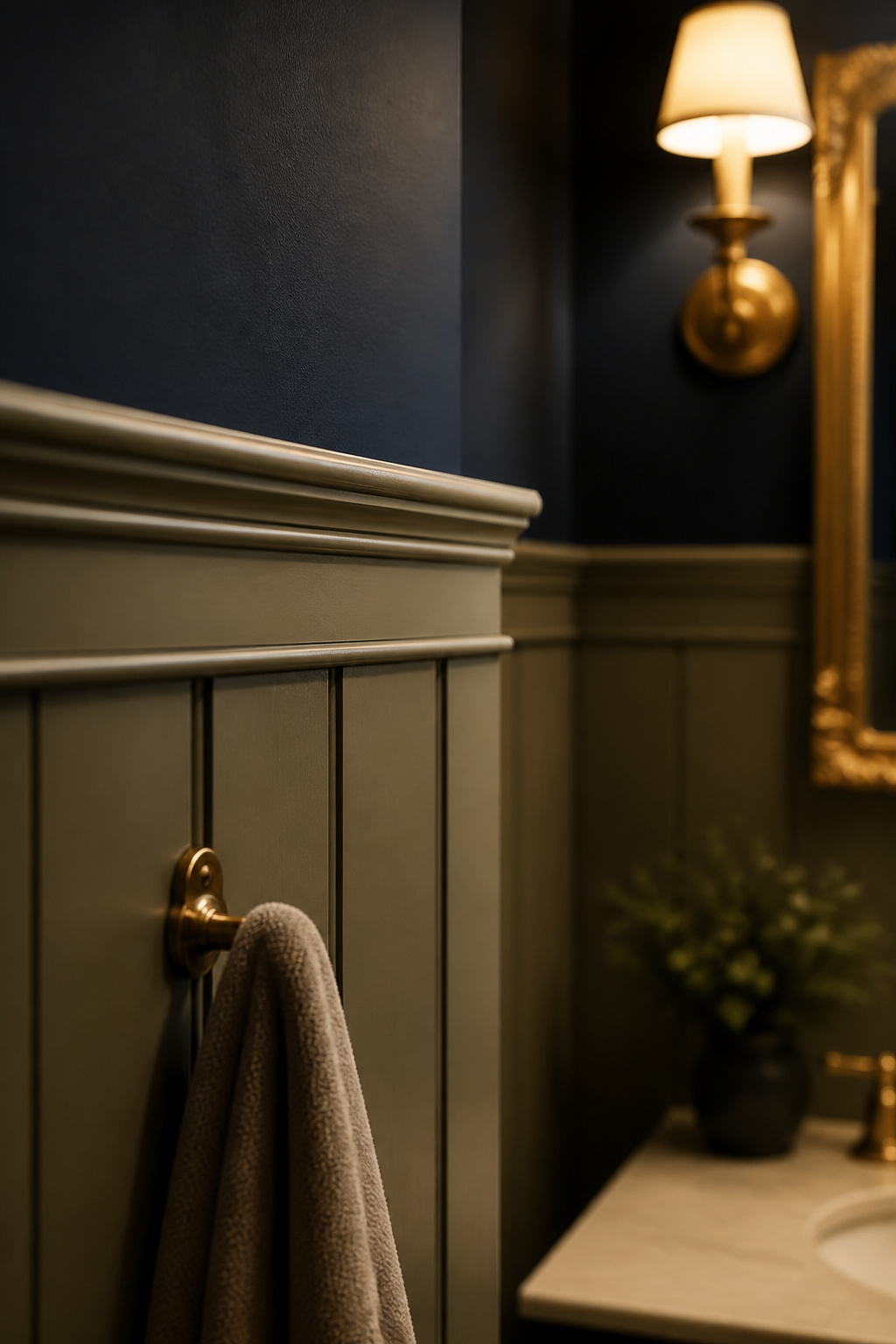 Cap rail height dividing painted board-and-batten from a dark upper wall in a powder room
