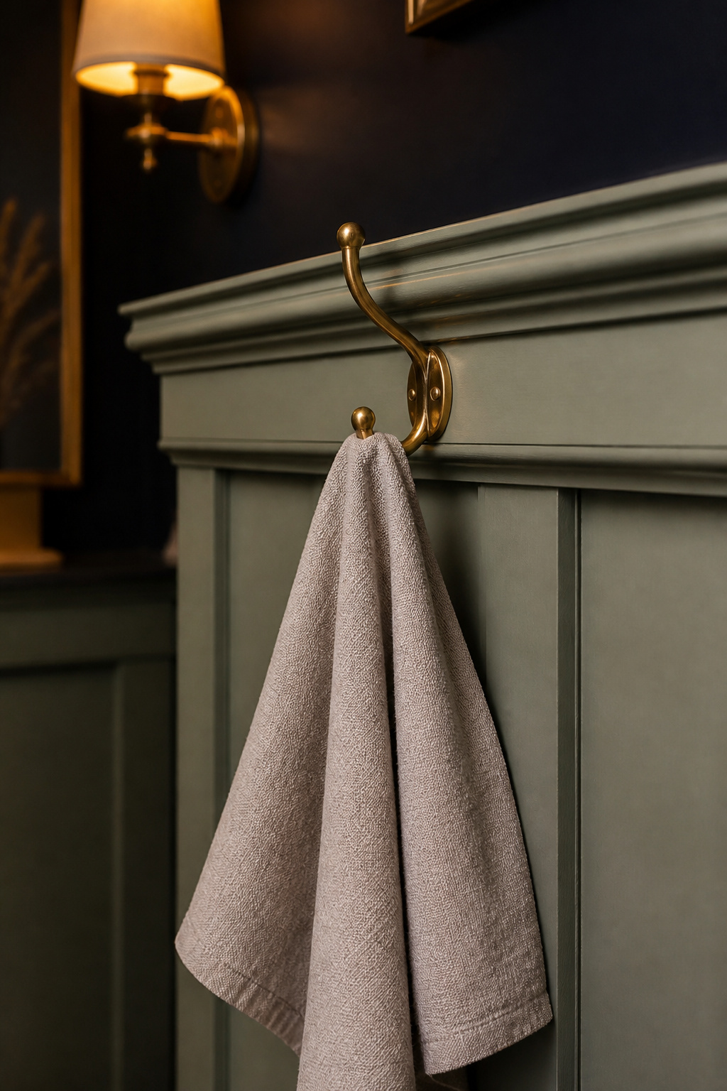 Brass hook mounted on a wainscoting cap rail holding a folded small towel