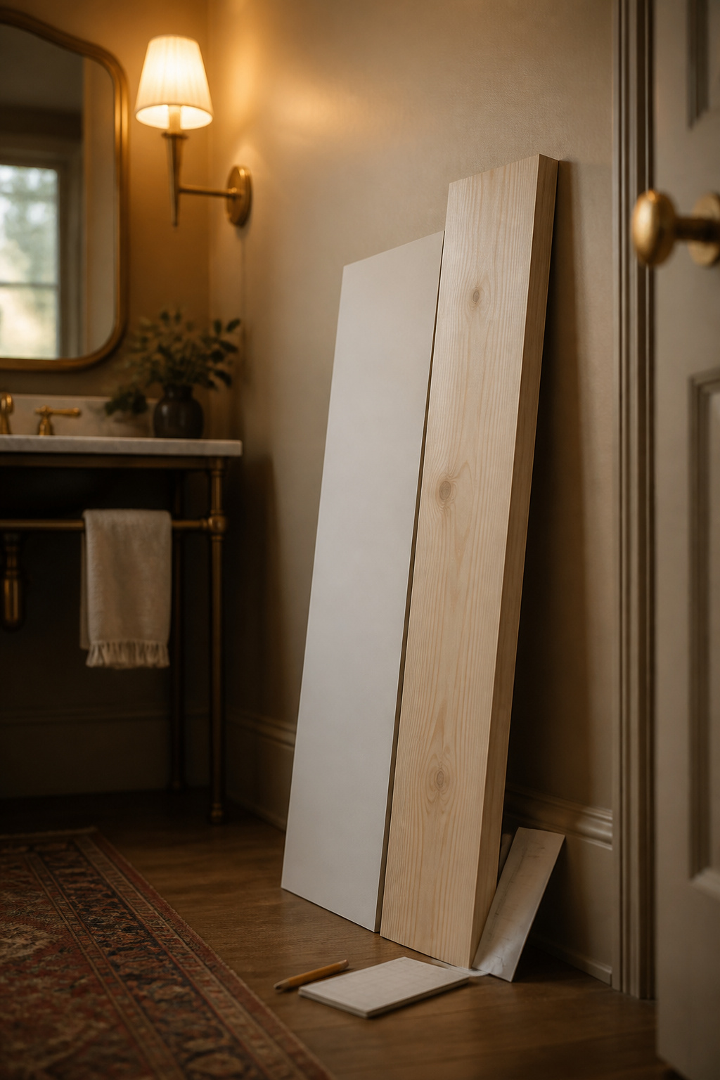 Primed pine and MDF board stock leaning against a powder room wall with a receipt