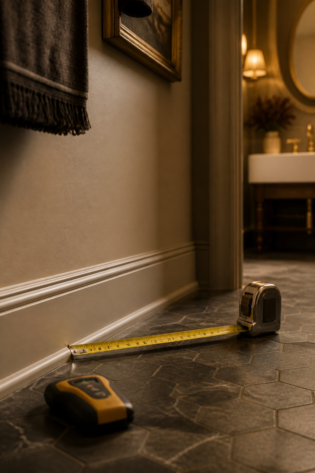 Tape measure and stud finder along a powder room wall base