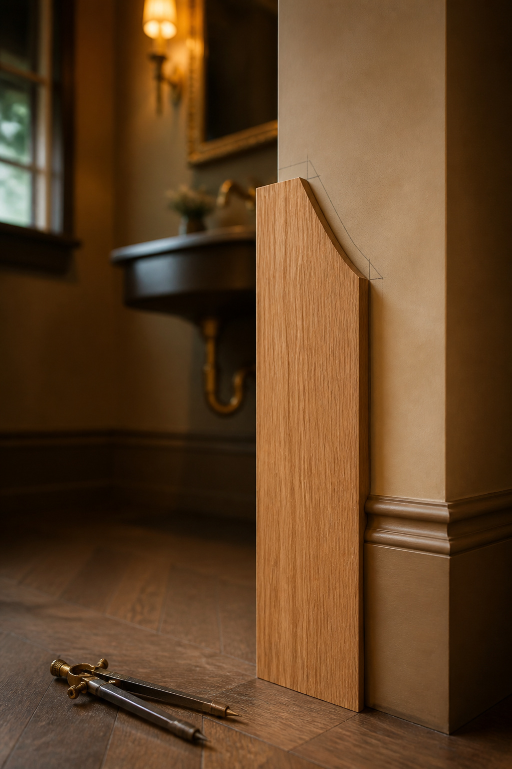 Batten board with a scribed pencil line fitted to an uneven wall corner