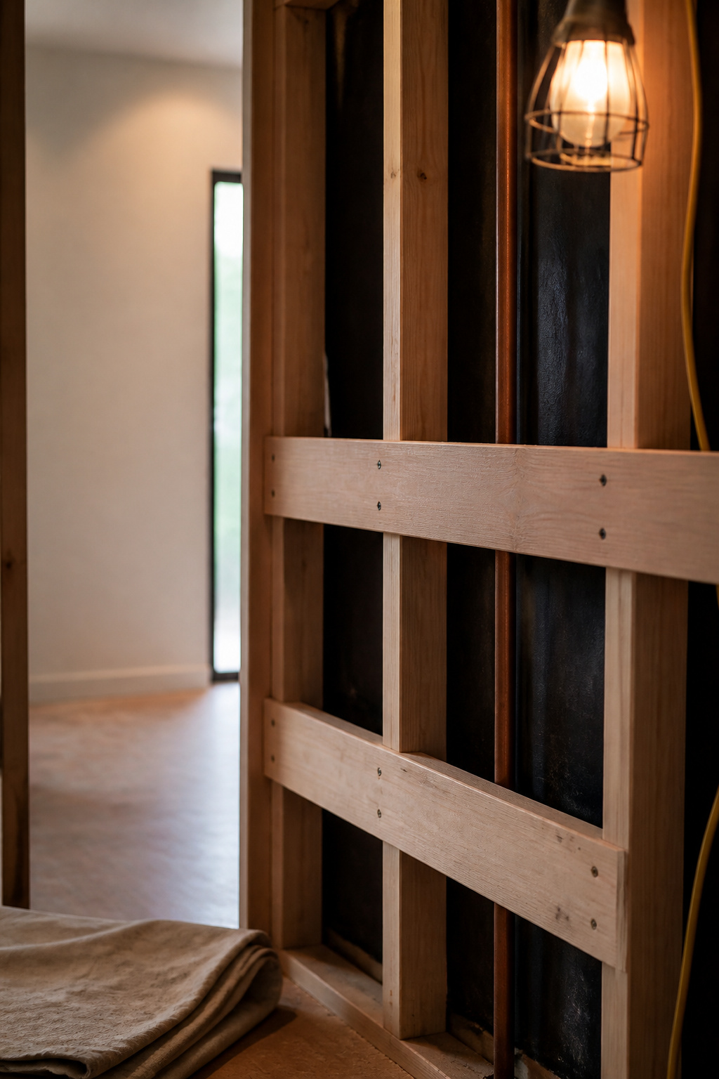 Open stud wall with horizontal wood blocking installed at vanity height before the wall is closed