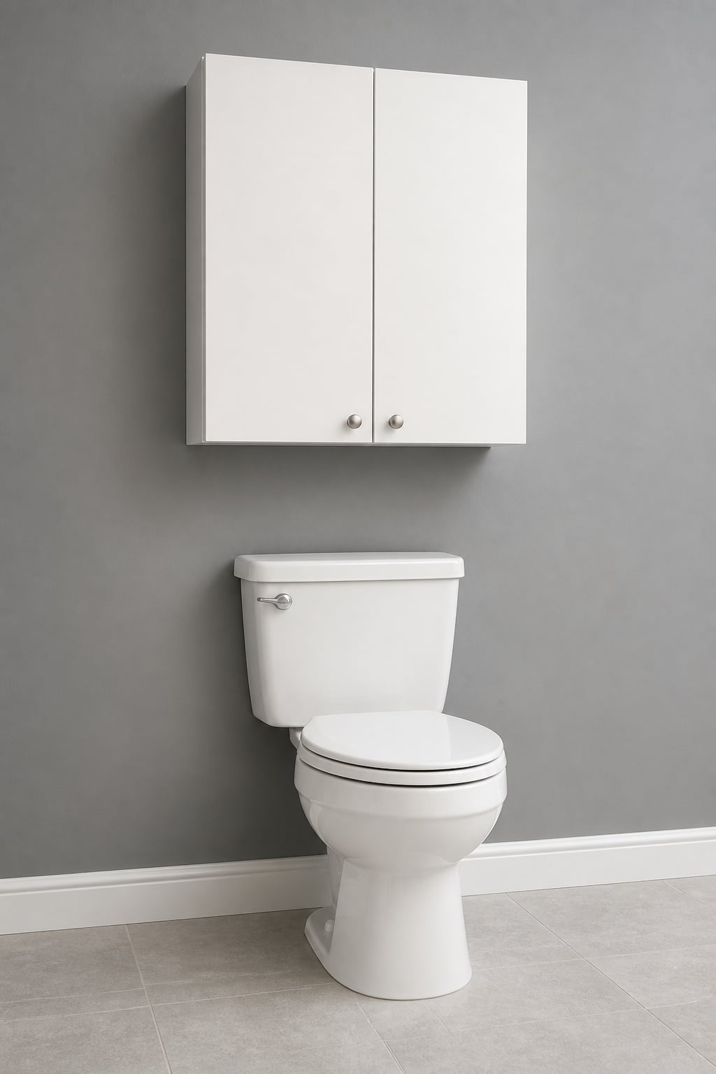 White wall-mounted cabinet with two closed doors above a white toilet, 24 inches clearance above the tank