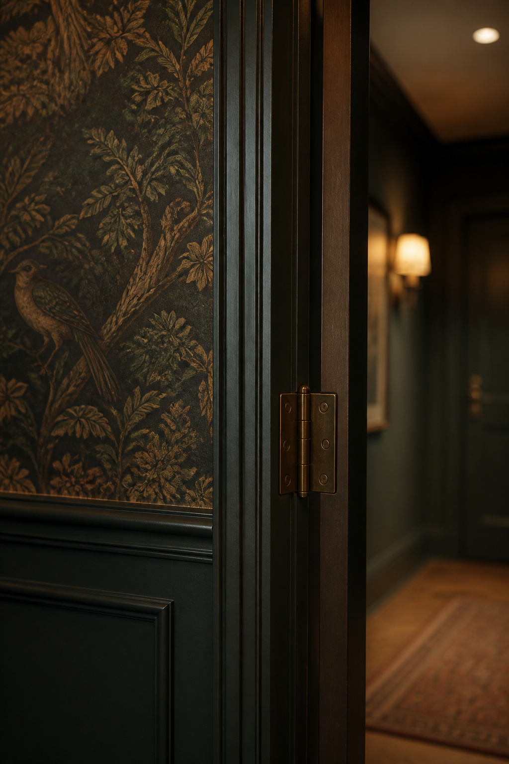 Close view of a papered partition wall meeting a solid-core powder room door at the brass hinge
