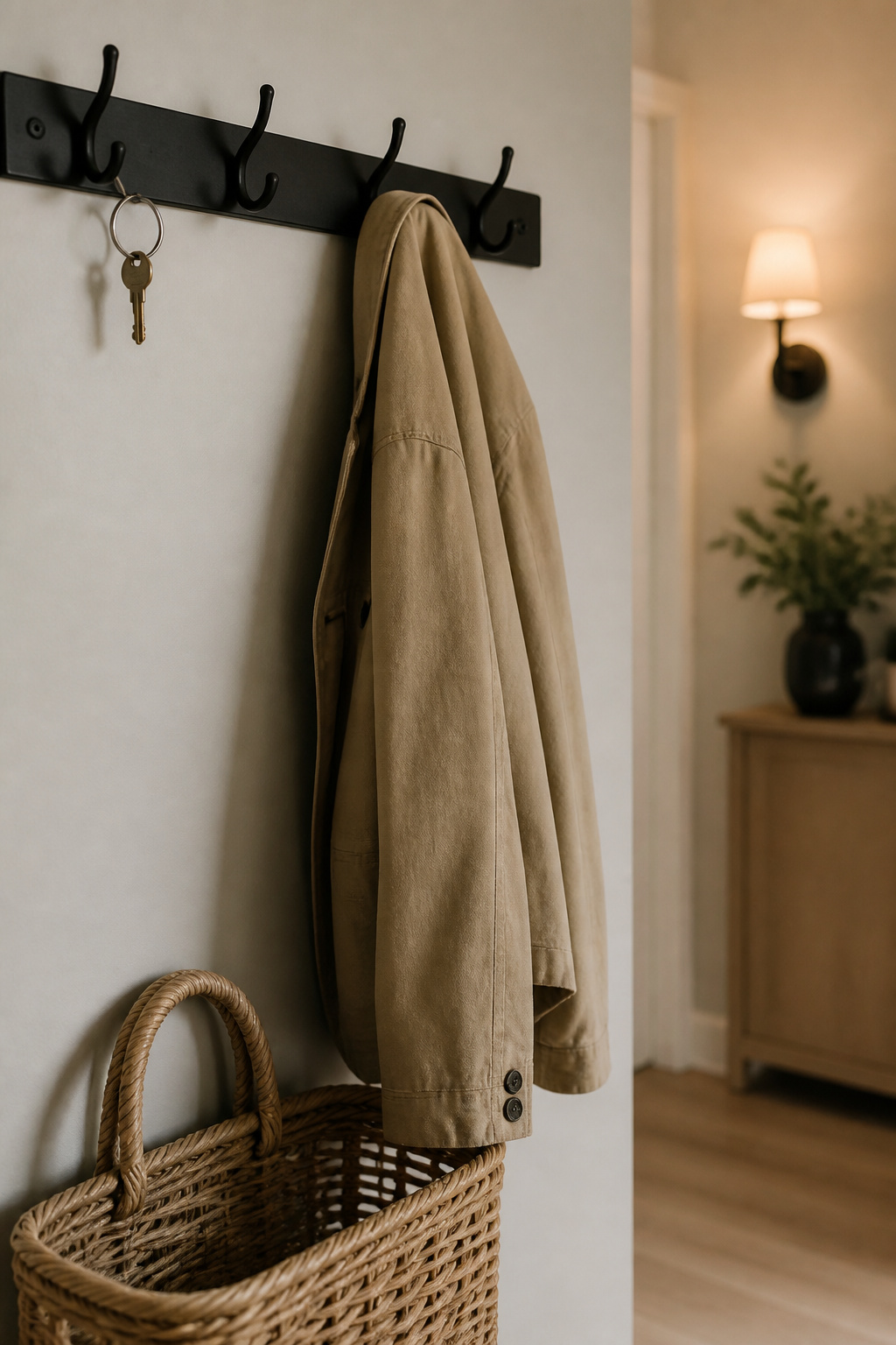 Matte black wall hook rail holding a canvas jacket above a woven rattan storage basket in an apartment entry