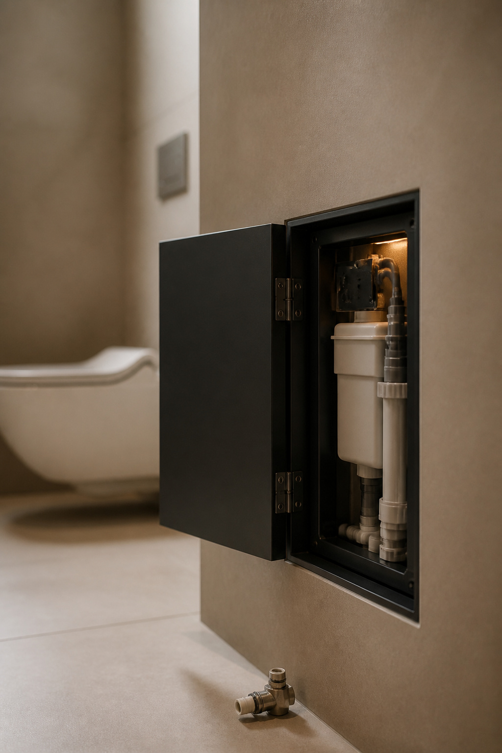 Removed matte black access plate exposing the concealed cistern mechanism inside a plaster wall above a wall-hung toilet