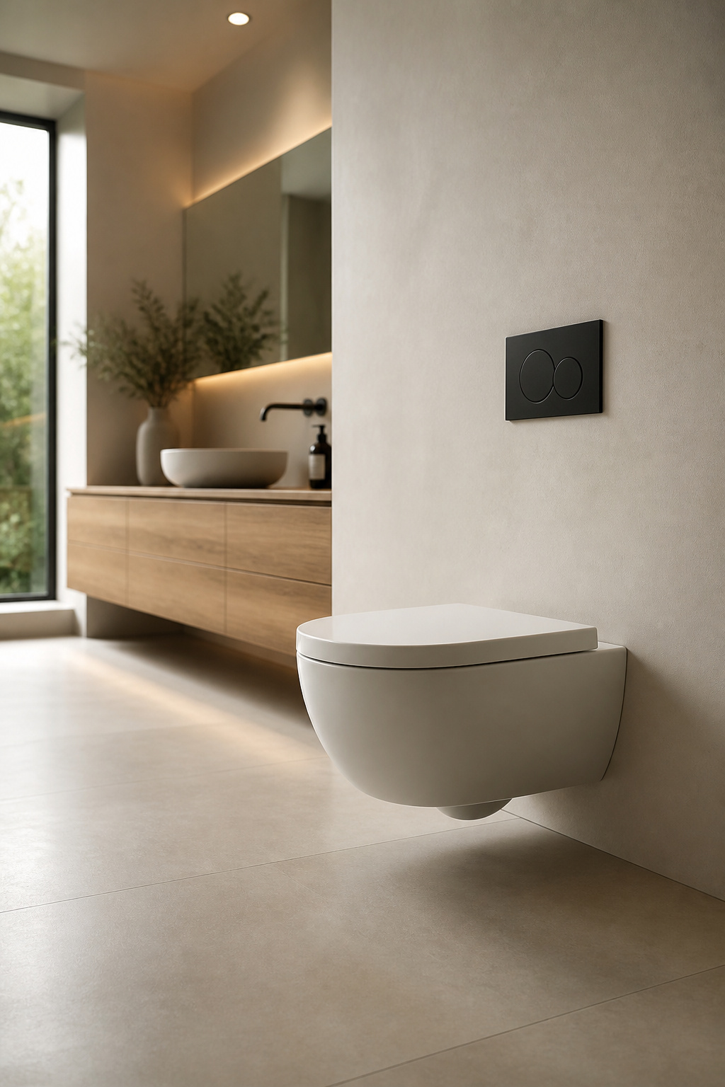Wall-hung toilet with matte black flush plate and completely clear floor space beneath it