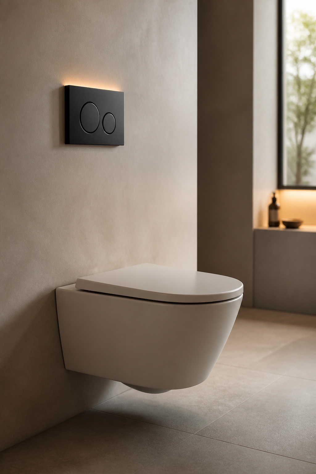 Matte white wall-hung toilet with a matte black flush plate against a smooth oyster microcement wall