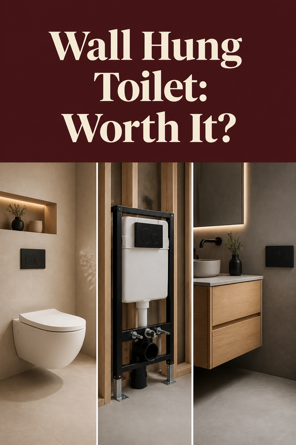 Pinterest collage of a wall-hung toilet, its open-wall carrier frame during installation, and a matching oak floating vanity