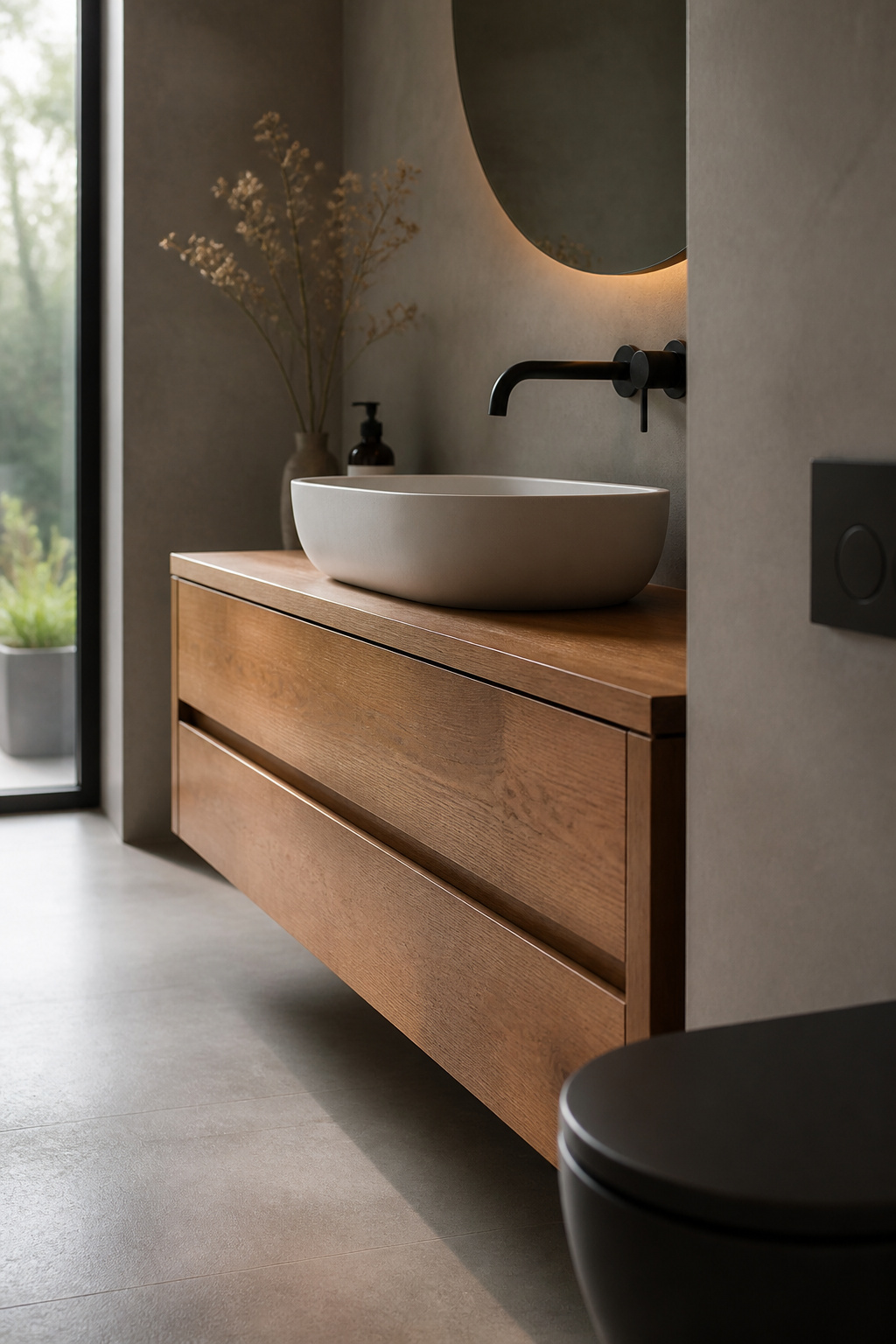 Warm oak floating bathroom vanity beside a wall-hung toilet's matte black flush plate against an oyster microcement wall