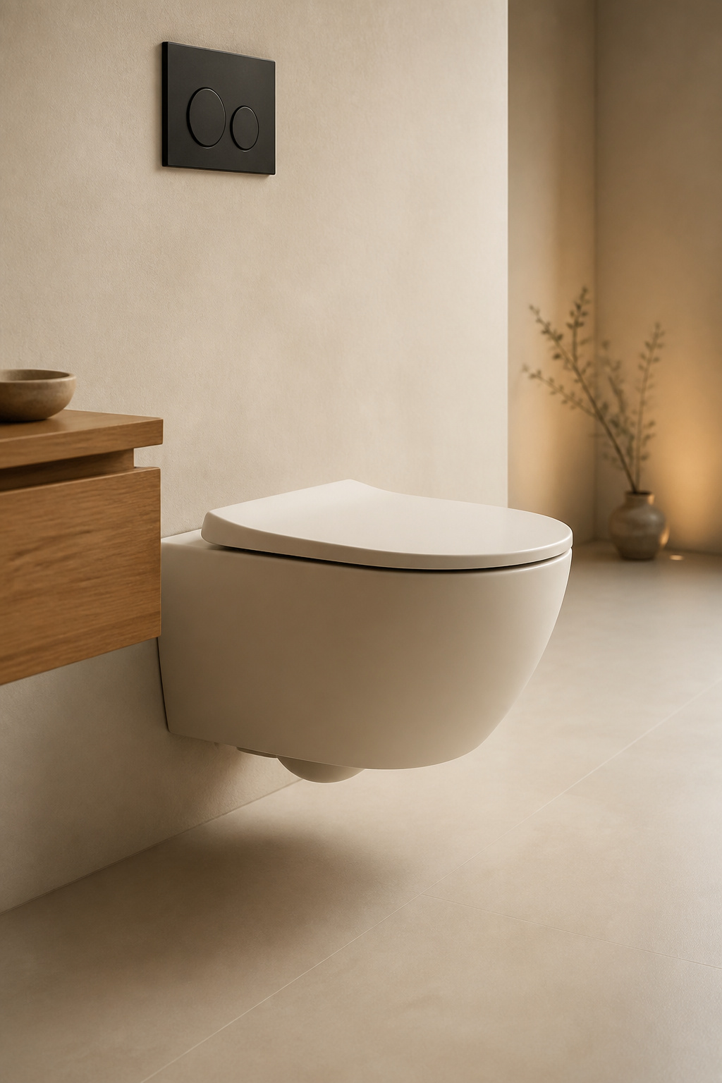 Matte white wall-hung toilet floating above a seamless bone-coloured microcement wall with clean open floor space beneath it
