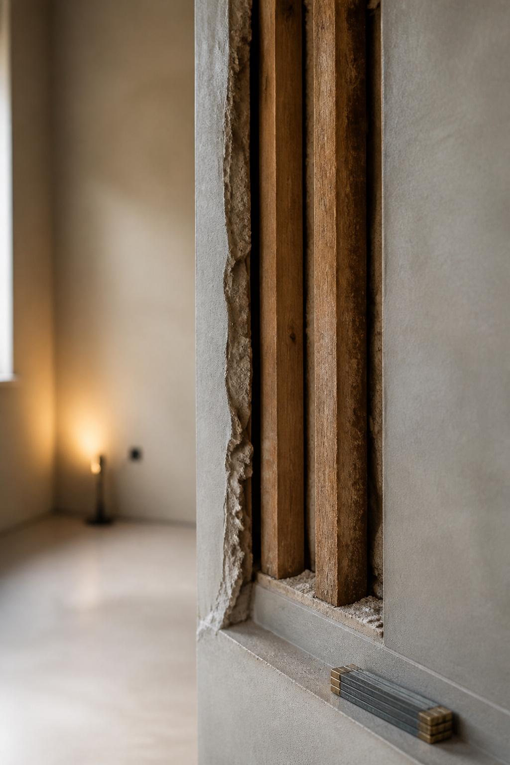 Section of an older plaster wall opened to show narrow original studs next to a finished microcement wall