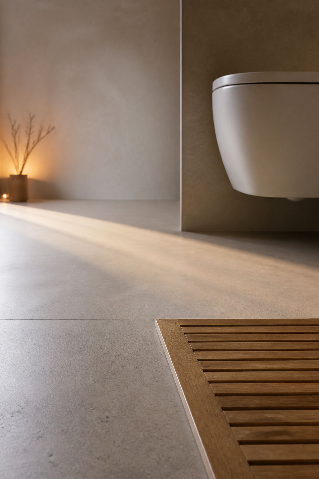 Unbroken large-format porcelain floor running underneath a floating wall-hung toilet with no base or bolts visible