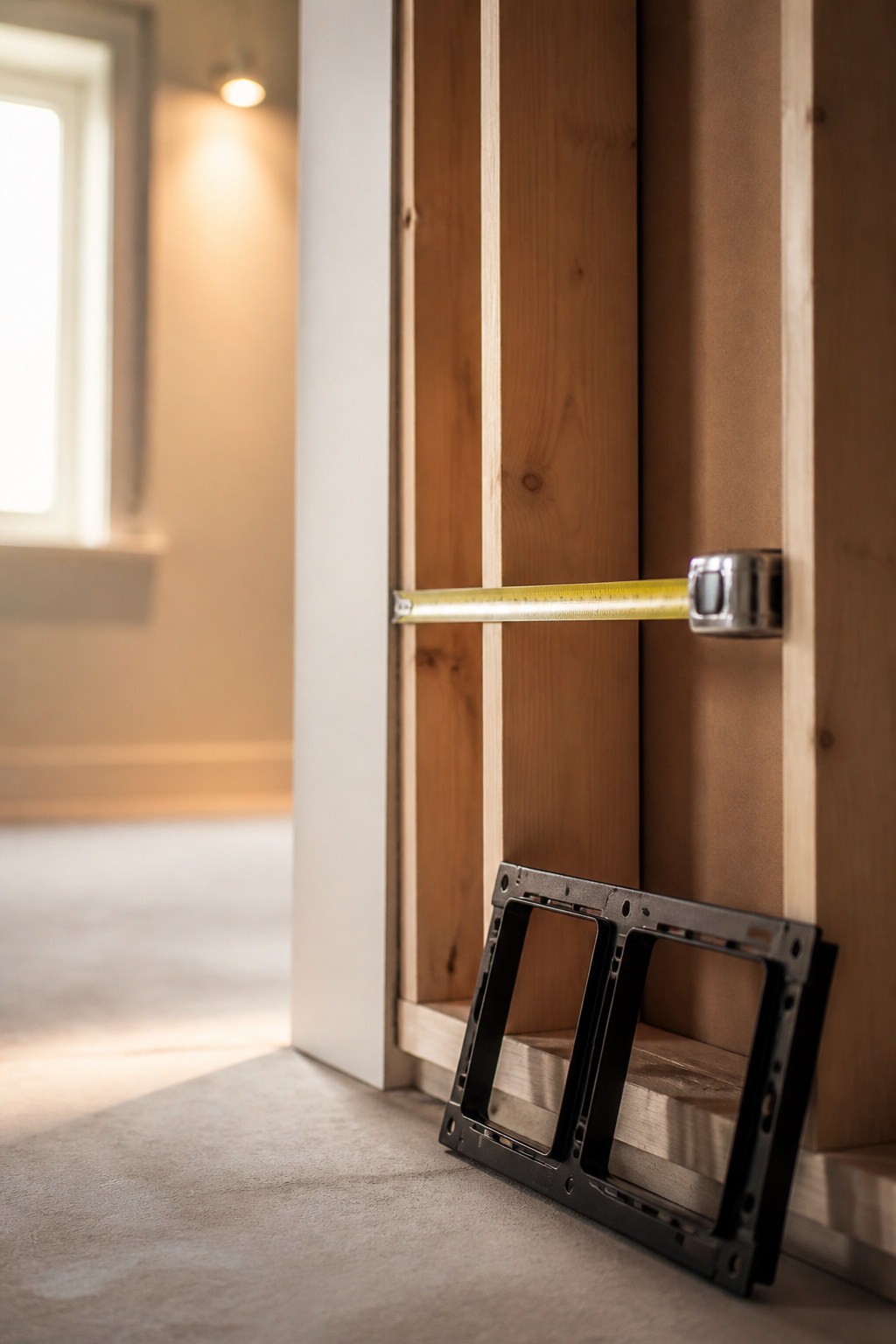 Tape measure spanning the depth of an open 2x6 stud wall cavity next to a steel toilet carrier bracket