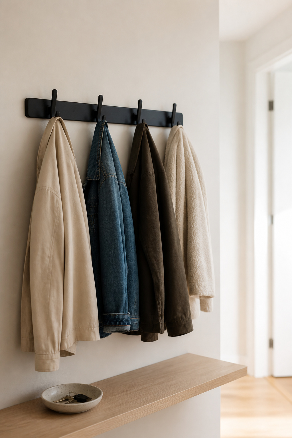 Matte black wall-mounted hook rail with four coats spaced evenly above a narrow oak shelf holding a ceramic key dish