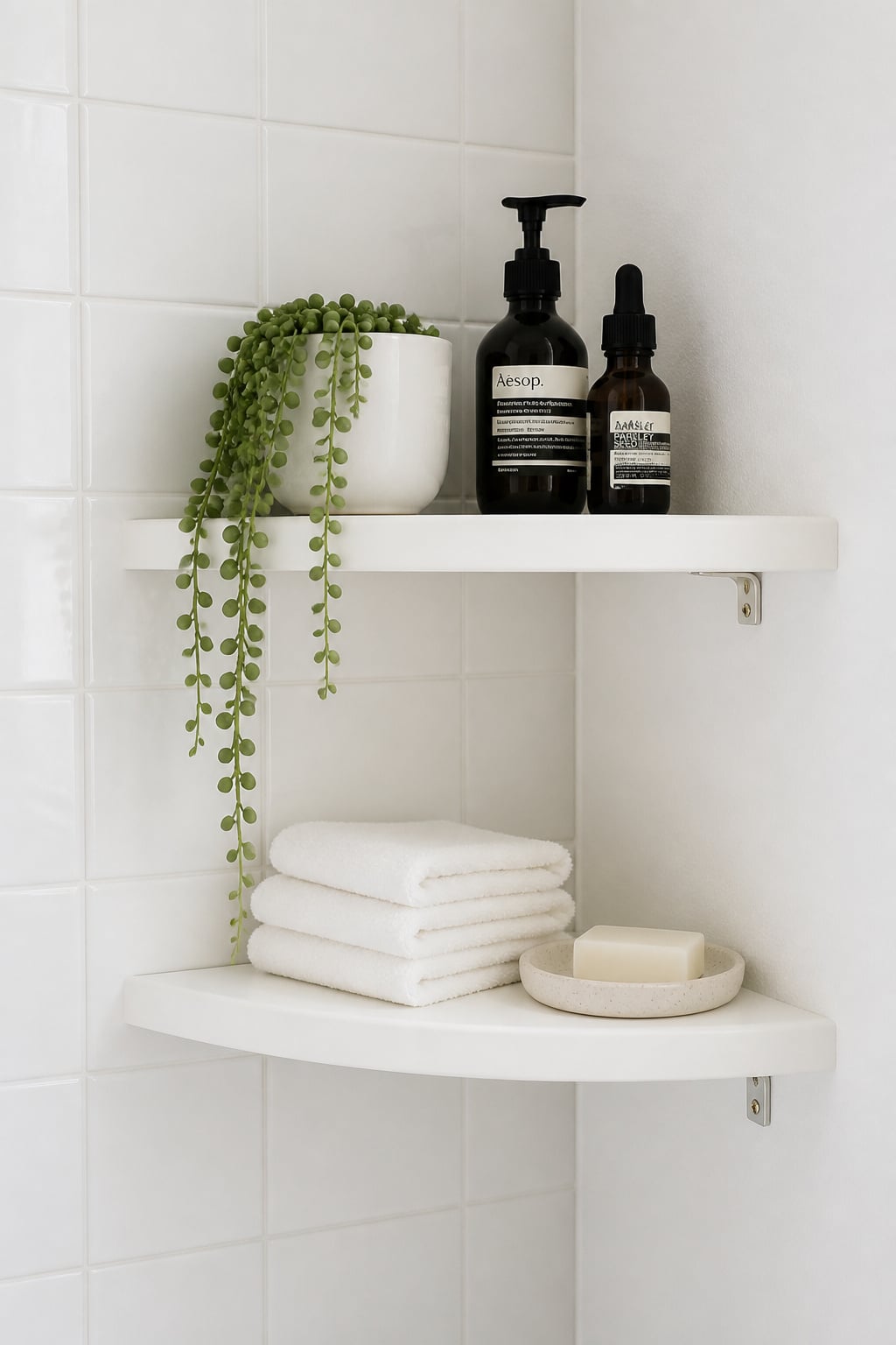 Two stacked white triangular floating corner shelves on a white tiled bathroom wall, holding succulent, bottles, and folded cloths