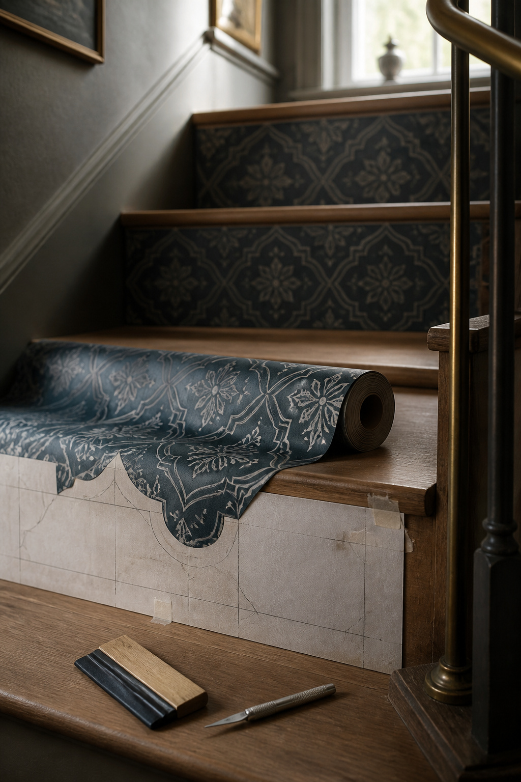 Deep blue-green tile-print wallpaper offcut being templated and applied to a stair riser, tools resting on the tread