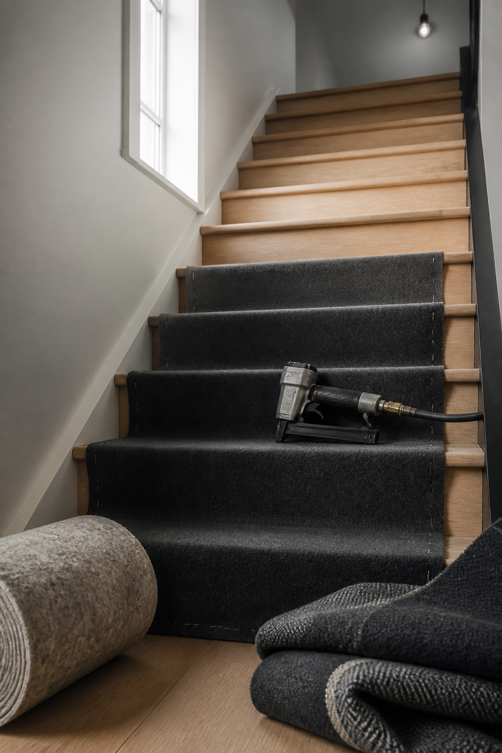 Mid-project stapled waterfall stair runner installation with a staple gun and carpet padding on a partially finished staircase