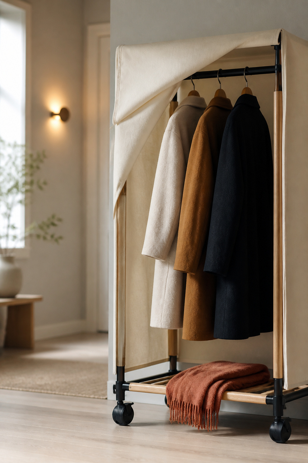 Wheeled light oak garment rail holding coats under a half-drawn breathable canvas cover in a small rental entry
