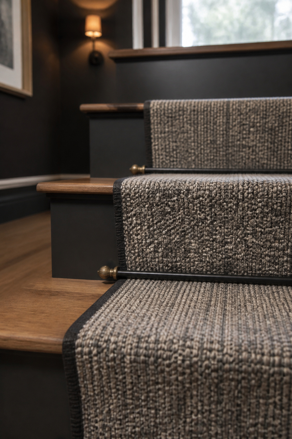Woven wool stair runner held by a black iron stair rod with brass finials over natural oak treads
