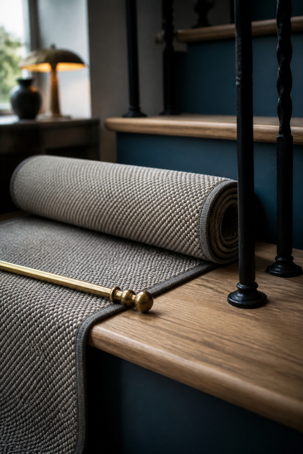 Woven wool stair runner being laid over a freshly refinished oak stair tread with a brass stair rod nearby