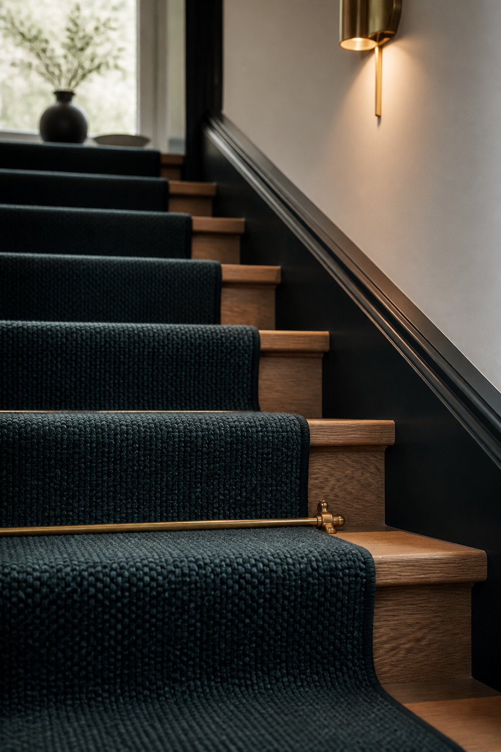 Deep blue-green wool stair runner secured with brass stair rods, natural oak tread reveal visible on each side against a charcoal-painted staircase