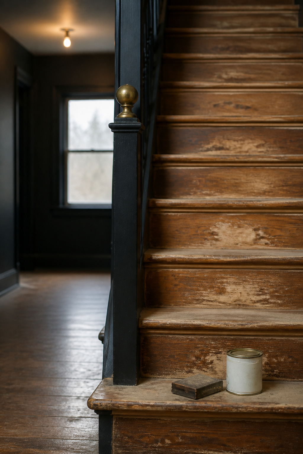 Worn wooden staircase with scuffed treads before a painted stairs makeover, sanding block and deglosser on the bottom step