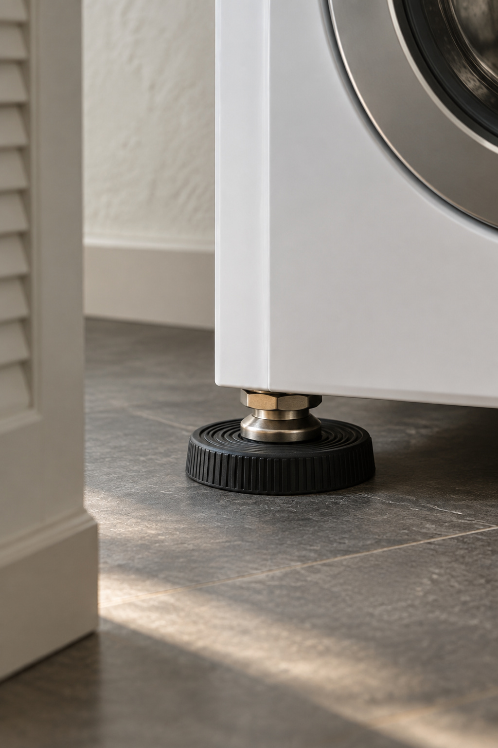 Round anti-vibration pad seated under a washer's front foot on honed dark stone flooring
