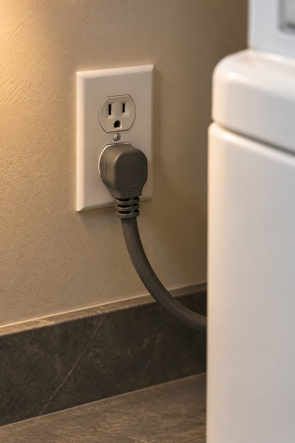 Standard 120-volt household outlet beside the power cord of a white compact 24-inch dryer