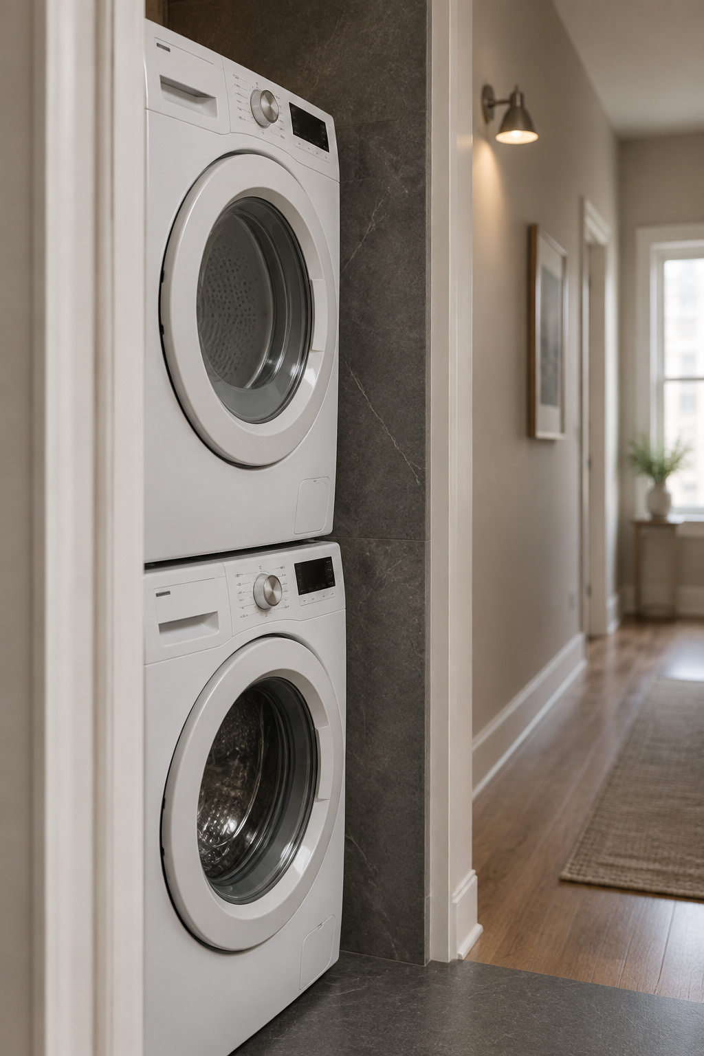 White 24-inch compact stacked washer and dryer standing in a shallow apartment alcove beside a stone-look side wall