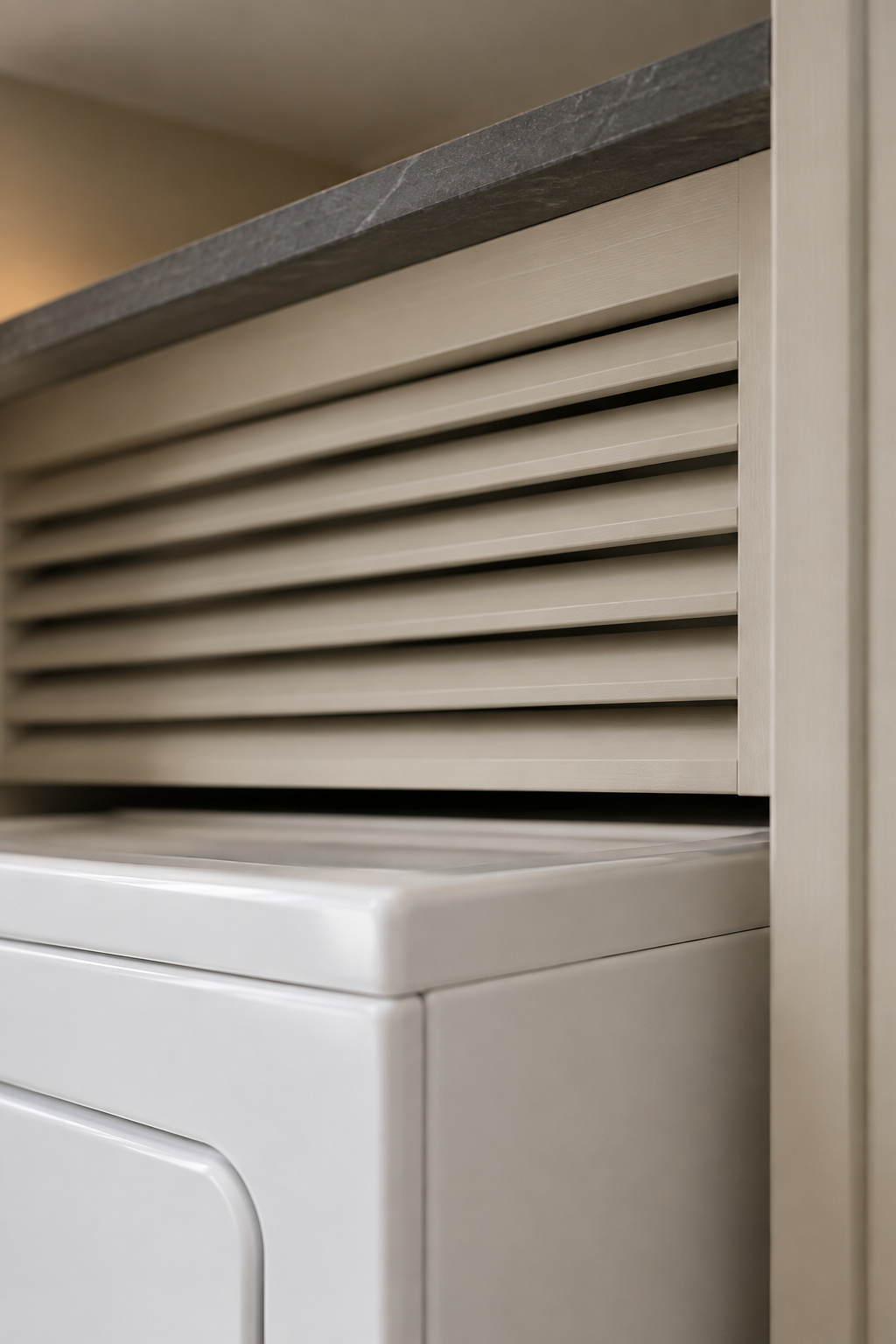 Close view of the air gap and louvered vent opening above a compact white dryer inside a closet