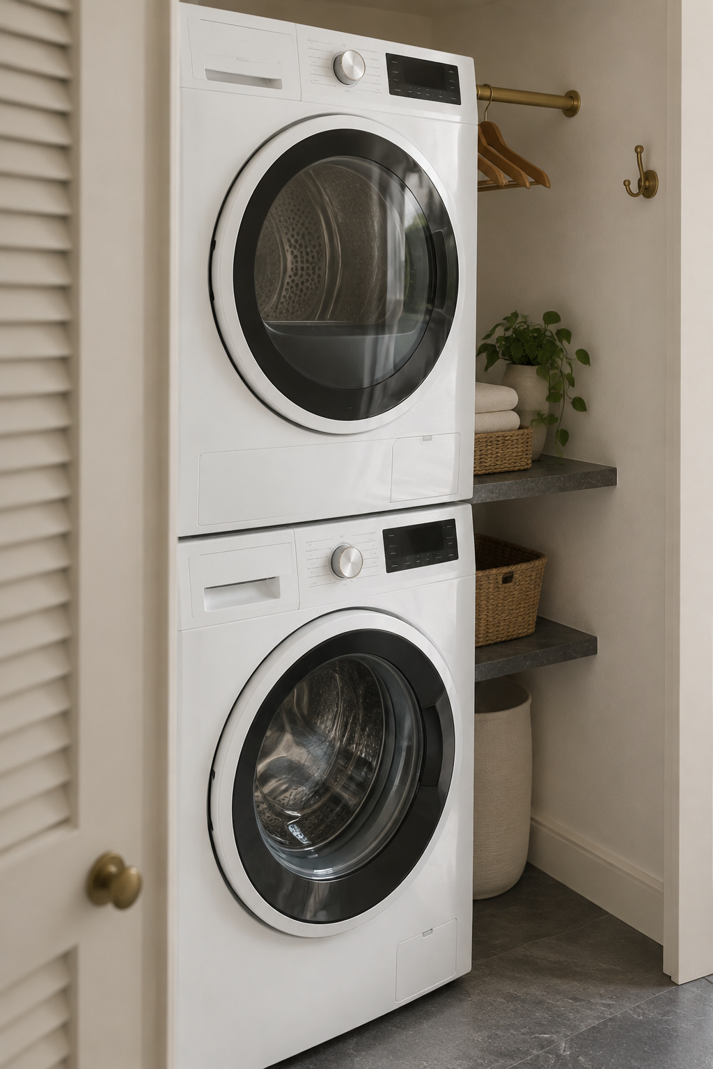 White 24-inch compact stacked washer and dryer in a narrow apartment closet with putty-painted louvered doors and brass hardware