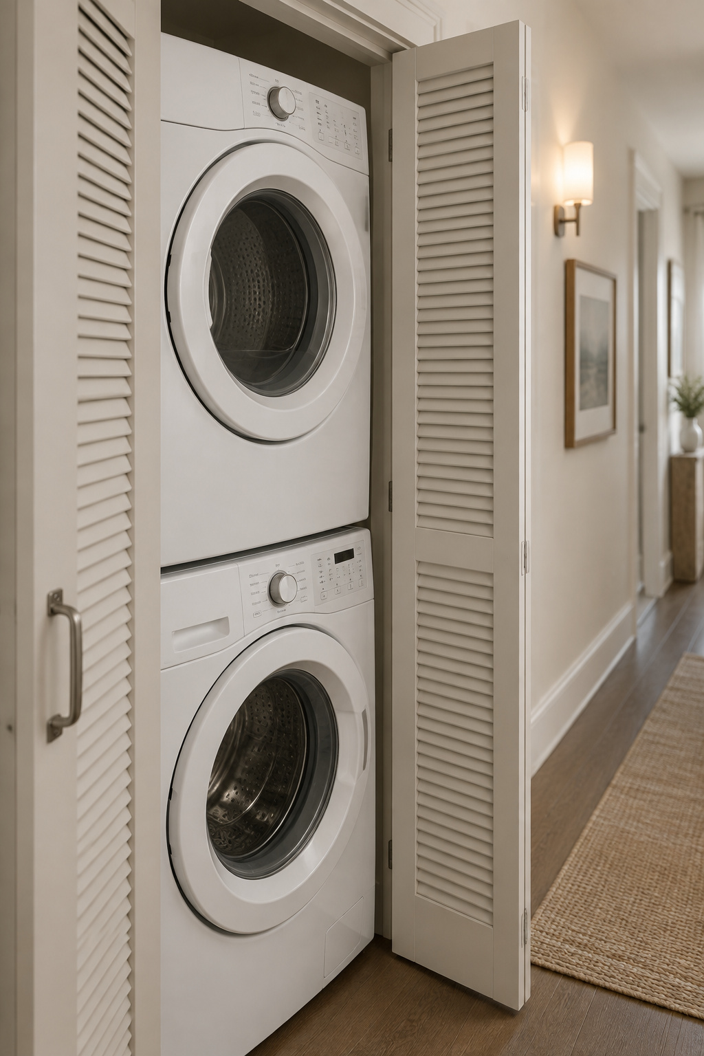 White compact stacked washer and dryer fitted into a shallow hallway cupboard with painted louvered doors