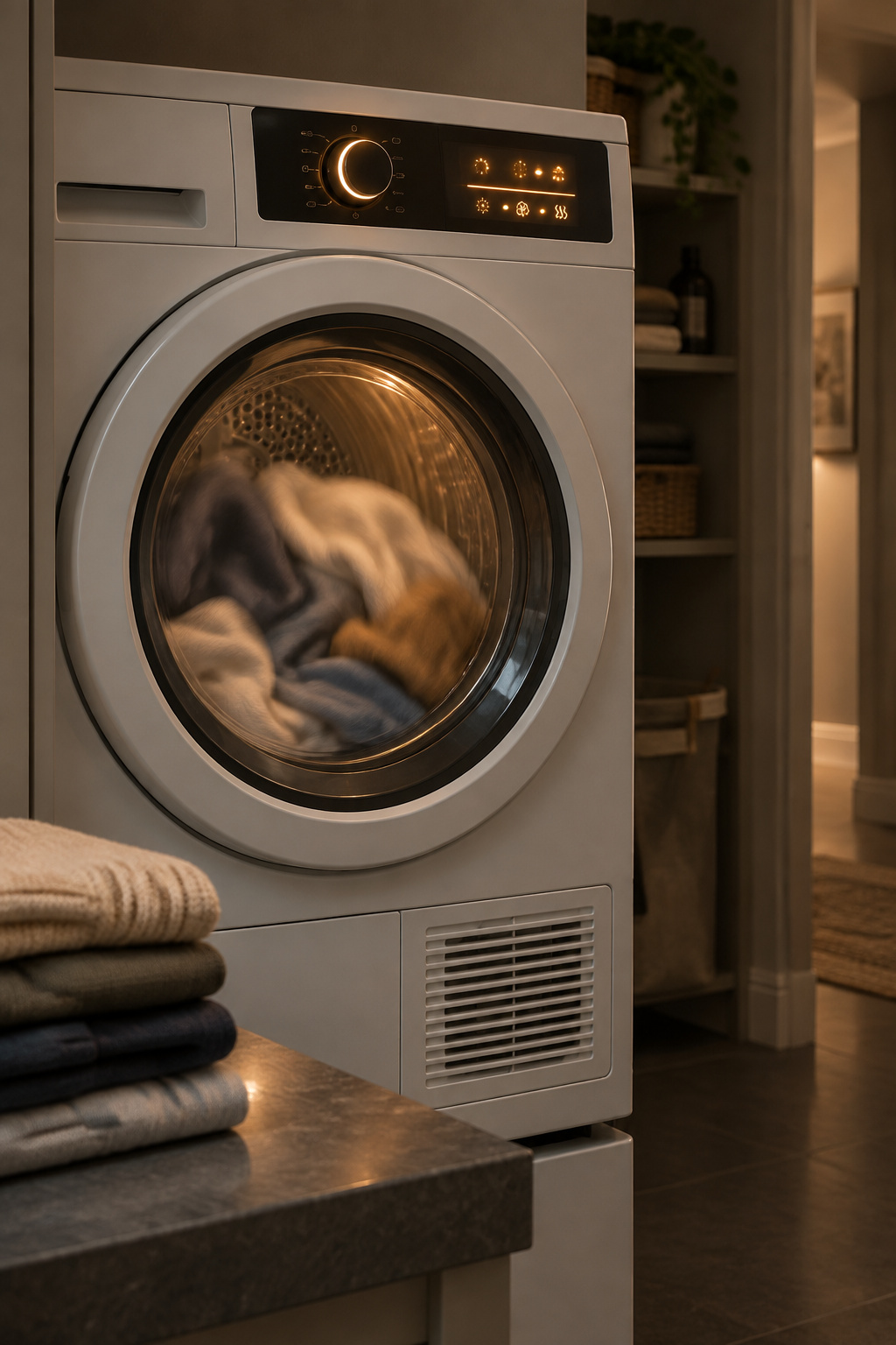 White compact dryer running mid-cycle at night with its door glass glowing, folded laundry waiting on a shelf beside it