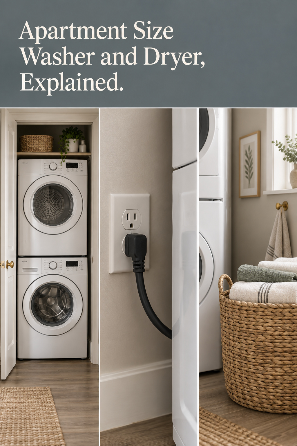 Pinterest collage of a compact 24-inch stacked washer and dryer, a 120-volt outlet detail, and a woven laundry basket, with headline apartment size washer and dryer explained