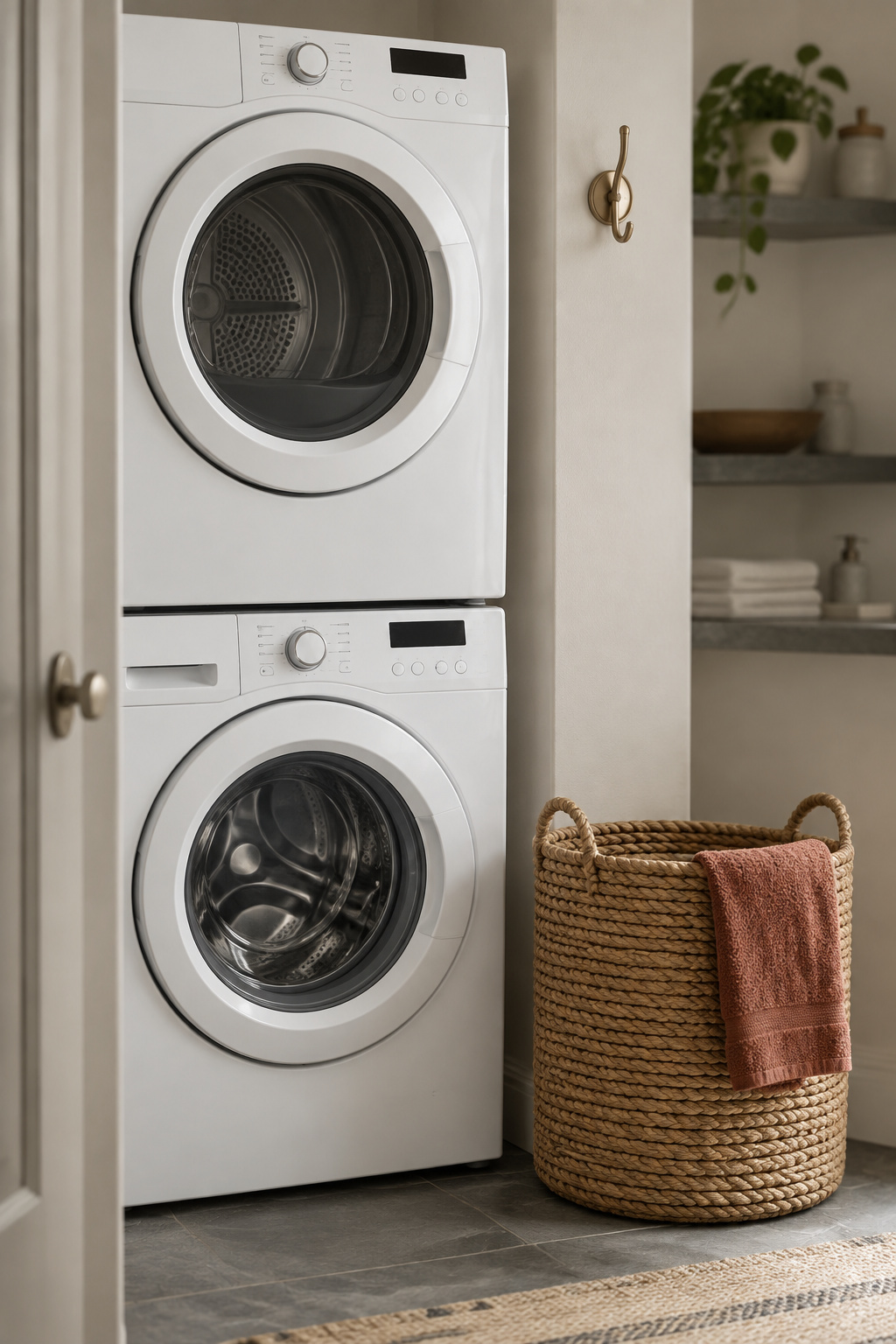 White compact stacked washer and dryer in an apartment nook styled with a woven basket and a folded terracotta towel