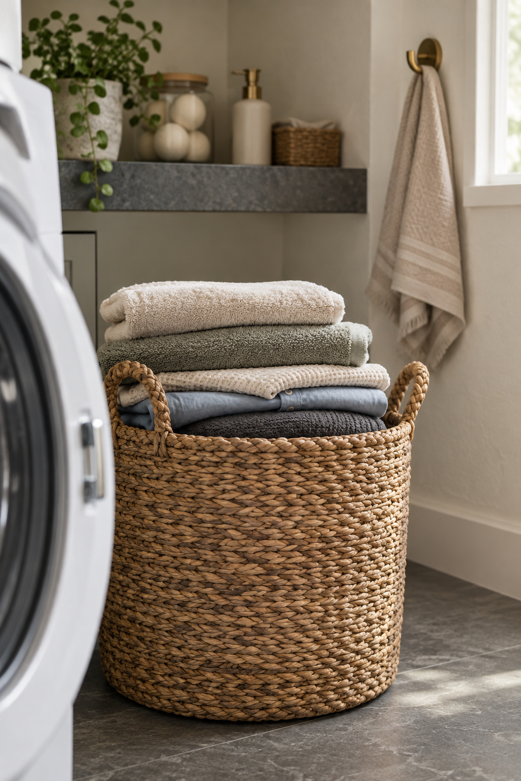 Woven seagrass laundry basket of folded towels beside the open door of a compact white washer