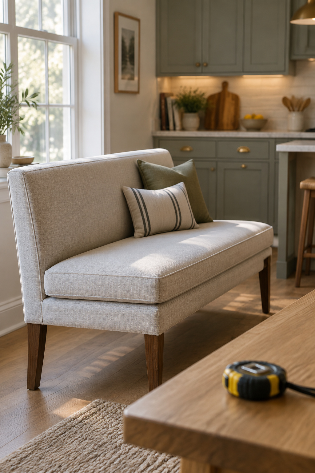 Freestanding olive-green upholstered bench with removable cognac cushions against a kitchen wall, legs visibly not fixed to the wall, a tape measure resting on the table nearby